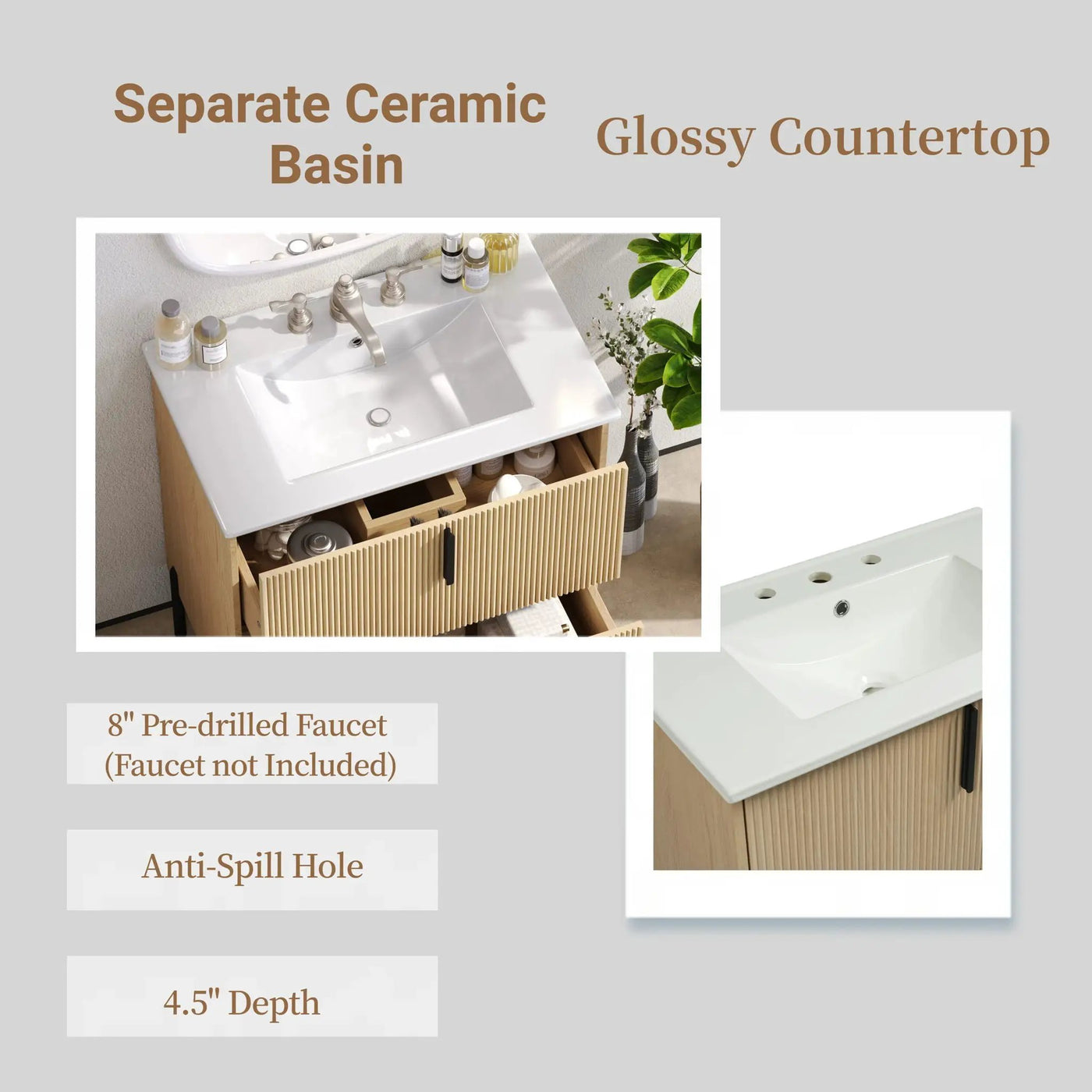 Bathroom Vanity With Ceramic Sink, Fluted Design by HouseOfZazla