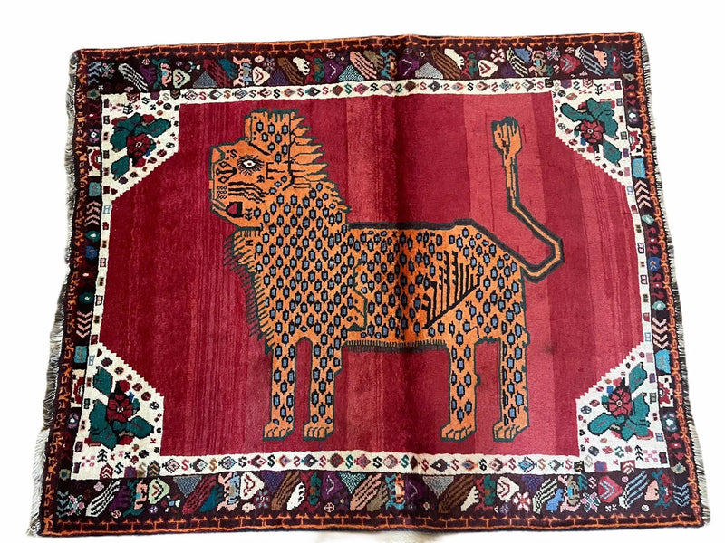 Antique Persian Gabbeh Wool Rug 4x5, Lion Pictorial Rug, Red Orange Black, Hand Knotted Handmade Vintage Gabbeh Carpet 4 x 5 ft, Tribal Rug by Jewel Rugs
