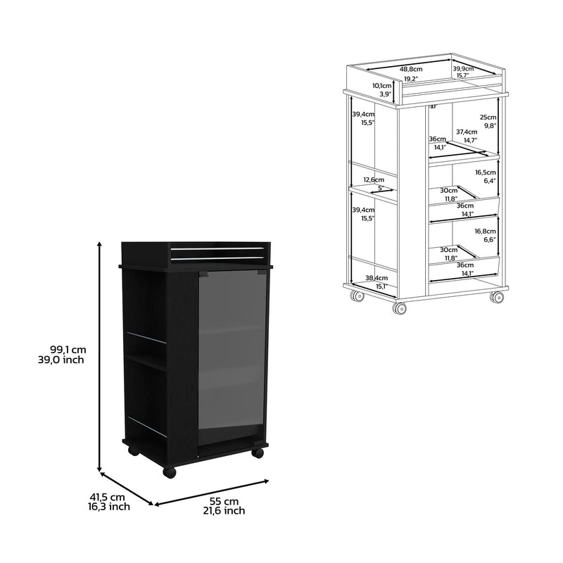 Bar Cart With Glass Door, 2 Side Shelves And Casters - Black by HouseOfZazla
