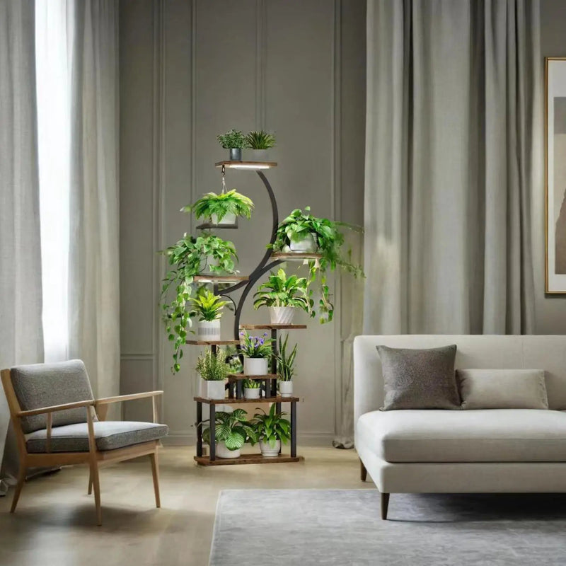 8 Tier Indoor Plant Stand With Grow Lights, S Shaped Metal Shelf For Multiple Plants - Black / Dark Walnut by Unique Piece Furniture