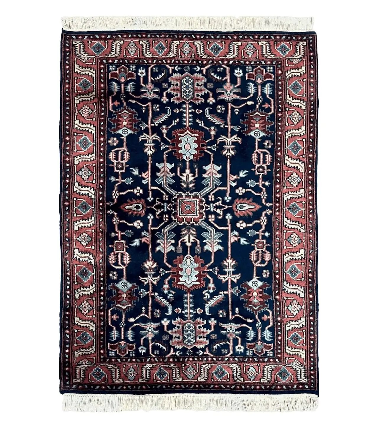 4x6 Vintage Handmade Wool Geometric Rug Organic Dyes Blue Red Hand-Knotted Rug by Jewel Rugs