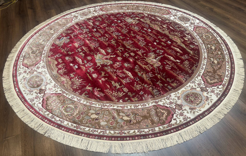 Large Round Turkish Silk Rug 8x8, Hunting Design, Dark Red & Ivory, Bamboo Silk by Jewel Rugs