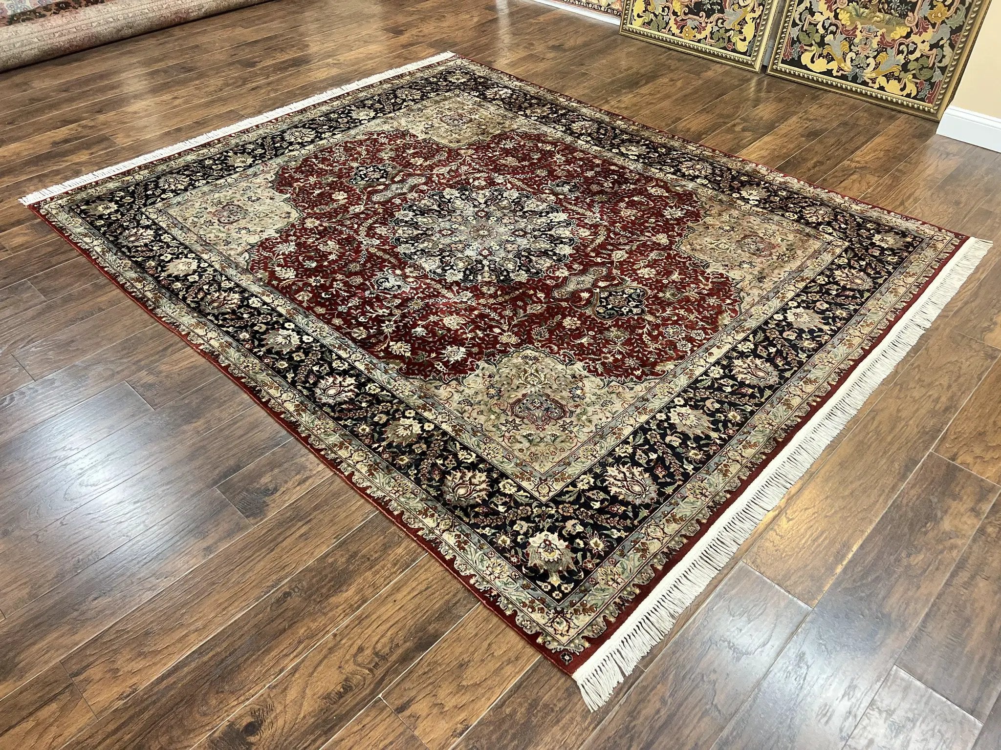 Pak Persian Rug 8x10, Wool Hand Knotted Vintage Carpet, Dark Red & Navy Blue, Dome Design Floral Medallion Rug, 8 x 10 Oriental Rug by Jewel Rugs