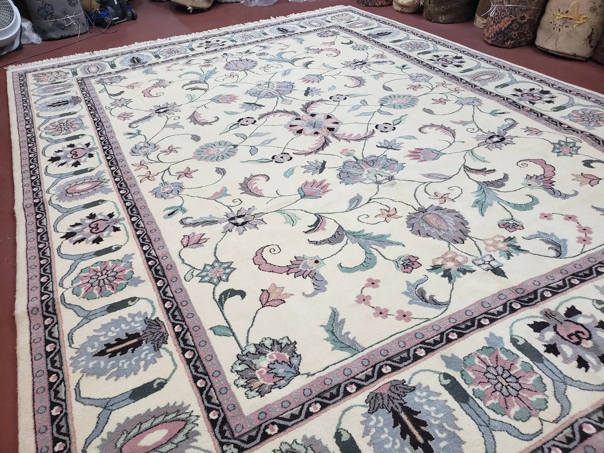 Ivory & Teal Indo Persian Area Rug 9x12, Wool Hand-Knotted Oriental Carpet, 9 x 12 Soft Traditional Living Room Rug, Dining Room Rug by Jewel Rugs