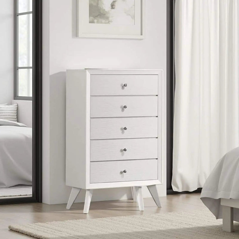 1 Piece Chest With Angled Legs, Wave Texture, Round Knobs - White by Unique Piece Furniture