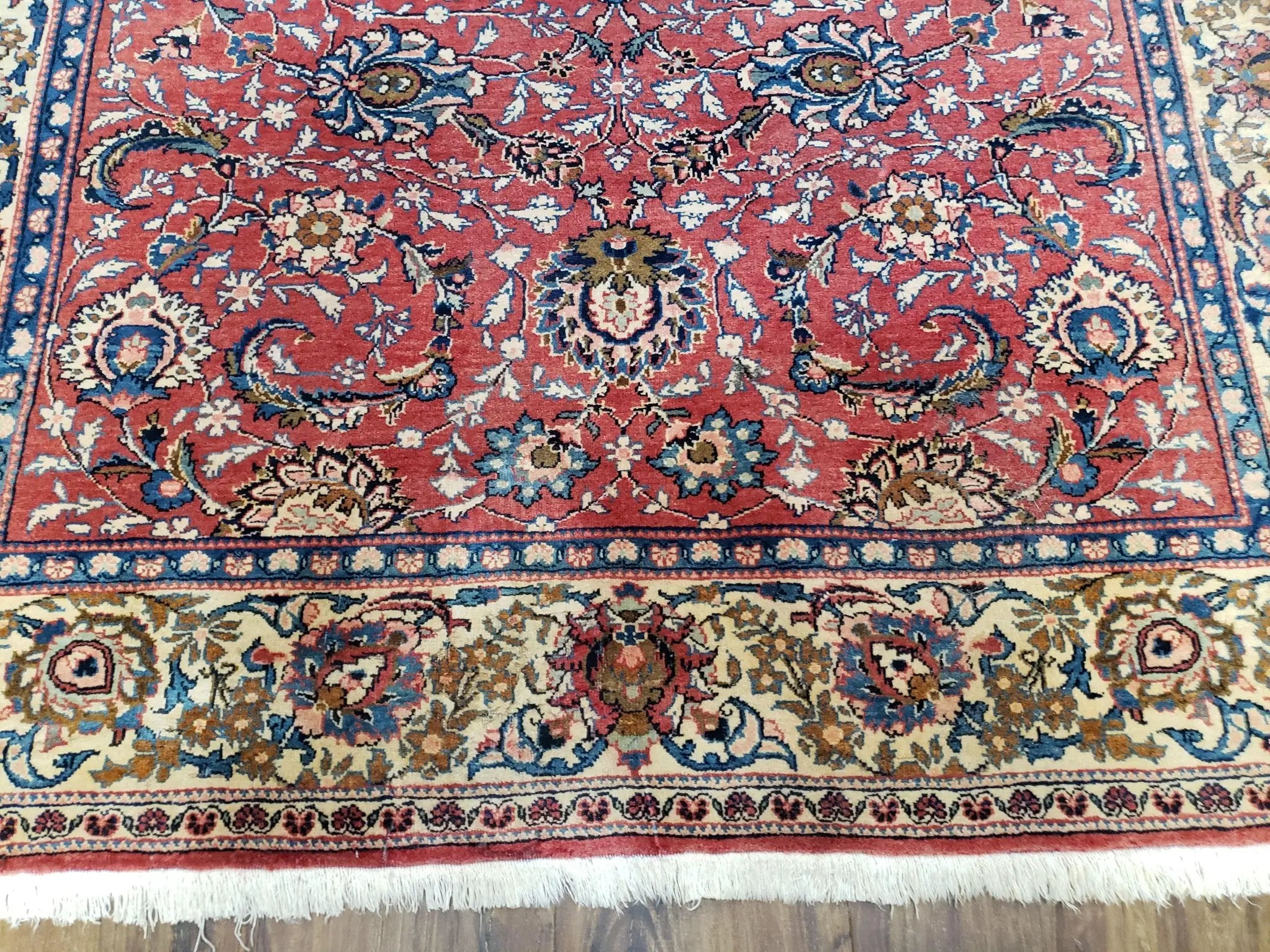 Semi Antique Persian Kashan Rug, Red & Beige, Hand-Knotted, Wool, 4'7" x 6' 6", Pair B by Jewel Rugs