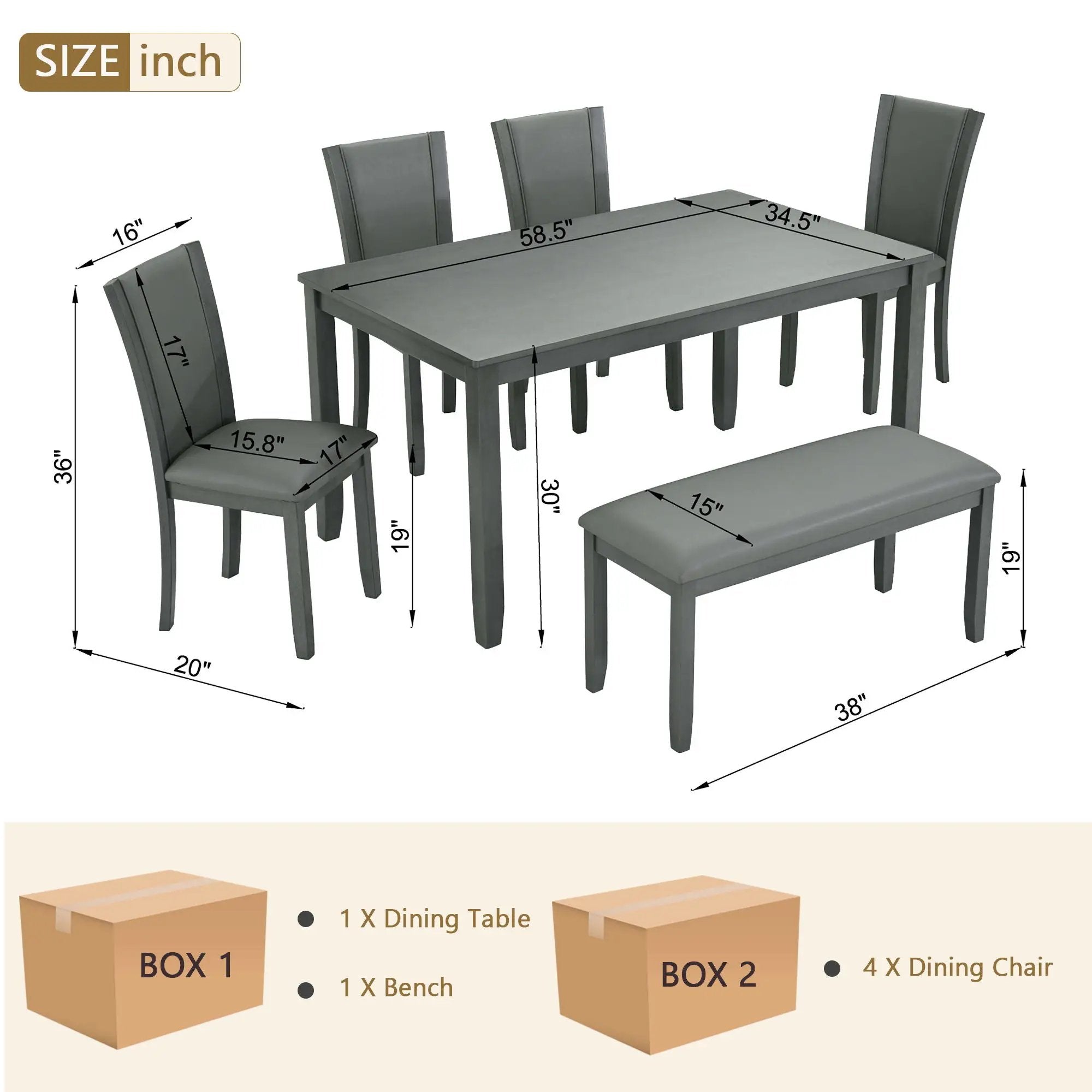 Modern 6 Piece Dining Table Set With Bench And Chairs For Dining Room Or Kitchen - Gray by HouseOfZazla