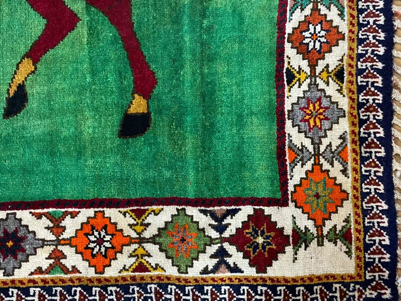 4 X 7 Handmade Rug Zagros Quality Wool Pictorial Horses Green Butterfly Colorful by Jewel Rugs