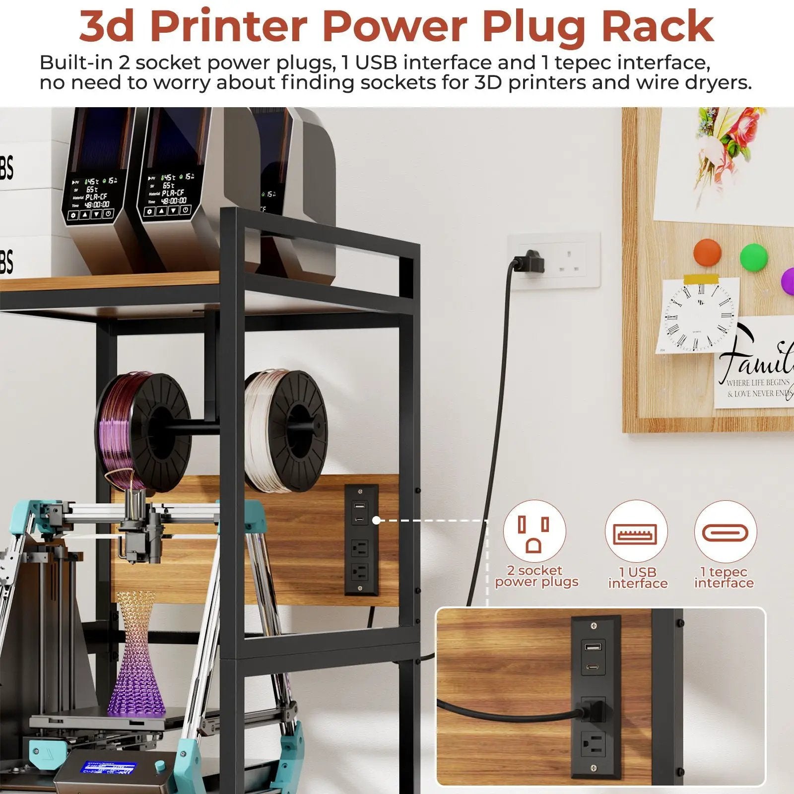 3D Printer Stand With Filament Storage, T-Type Holder, Built In Power Panelб Open Frame Printer Workstation - Black by Unique Piece Furniture