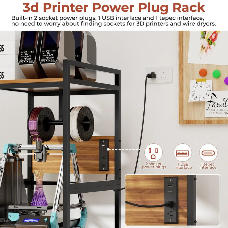 3D Printer Stand With Filament Storage, T-Type Holder, Built In Power Panelб Open Frame Printer Workstation - Black by Unique Piece Furniture