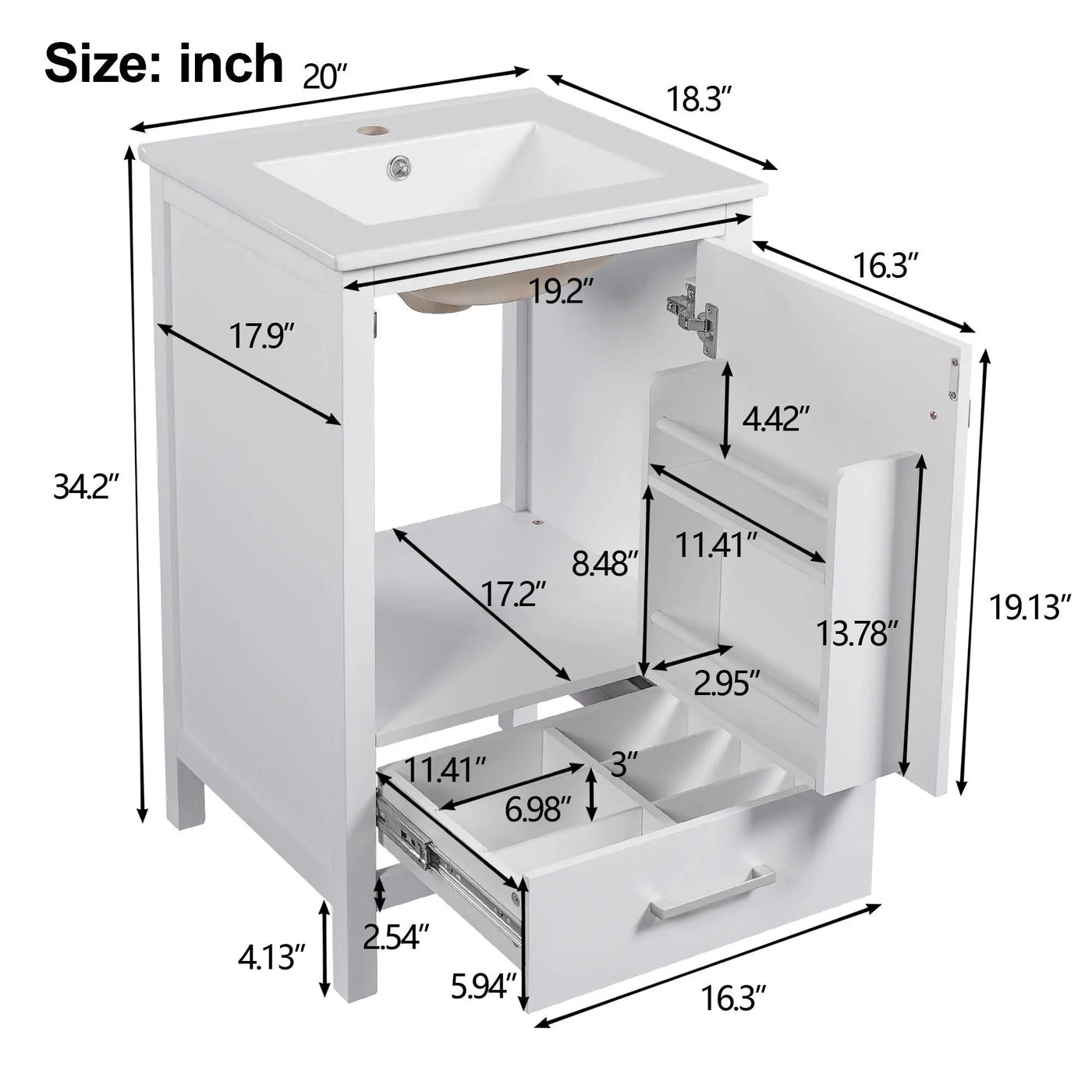 Bathroom Vanity With Ceramic Sink, Soft Close Drawers, Door Organizer, Divider Drawer, Adjustable Foot Pads by Unique Piece Furniture