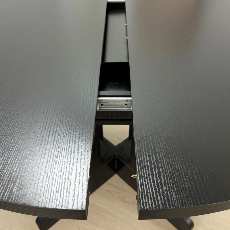 Dining Table For Farmhouse Kitchen Expandable Oval Table Top With Removable Leaf Trestle X Shaped Base - Black by HouseOfZazla