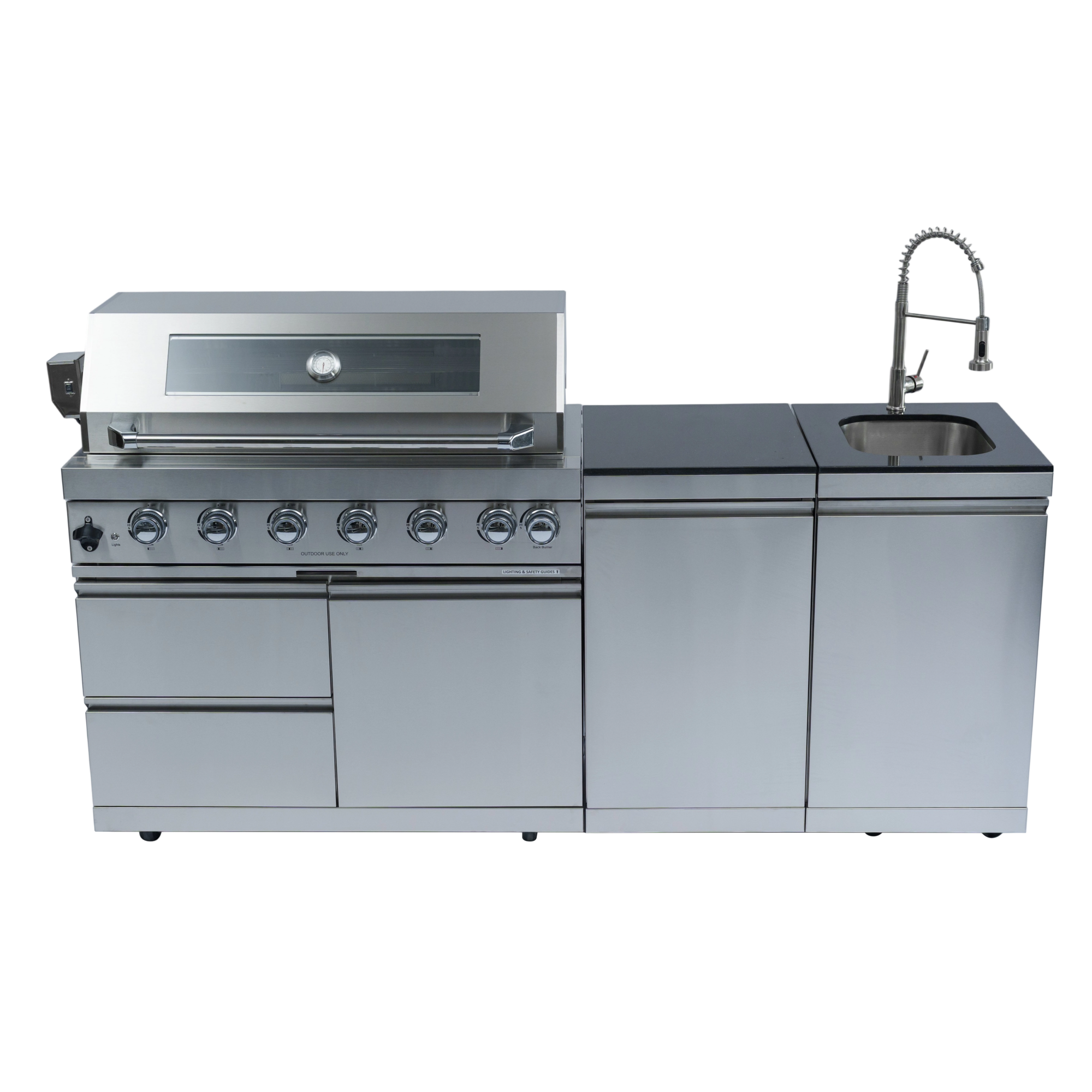 82" 6-Burner 85000 BTU Silver Outdoor Kitchen Island Grill + Storage Cabinets & Drawers & Sink/Faucet by Chery Industrial