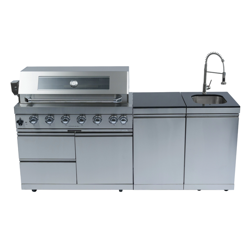 82" 6-Burner 85000 BTU Silver Outdoor Kitchen Island Grill + Storage Cabinets & Drawers & Sink/Faucet by Chery Industrial