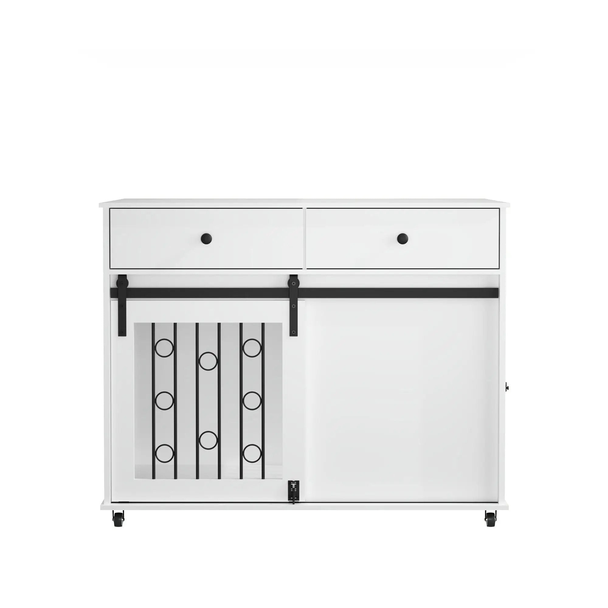 Dog Crate Furniture With Double Drawers And Sliding Barn Door, Pet Kennel For Small To Medium Dogs - White by HouseOfZazla