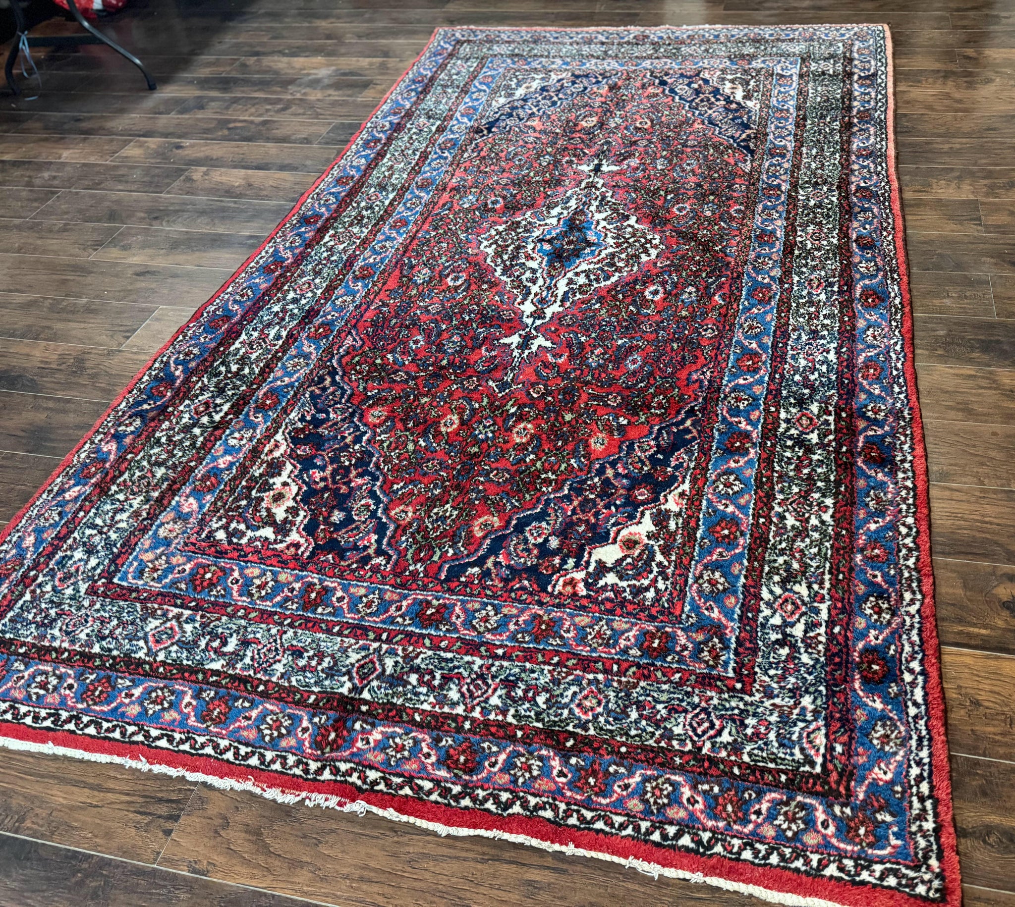 Persian Tribal Rug 6x11, Red Blue Ivory, Antique Persian Carpet, Hamadan Dargazin Carpet by Jewel Rugs