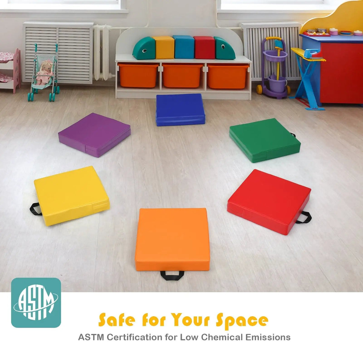 6 Pieces 15 Inches Square Toddler Floor Cushions Flexible Soft Foam Seating with Handles, photo 8 of 9