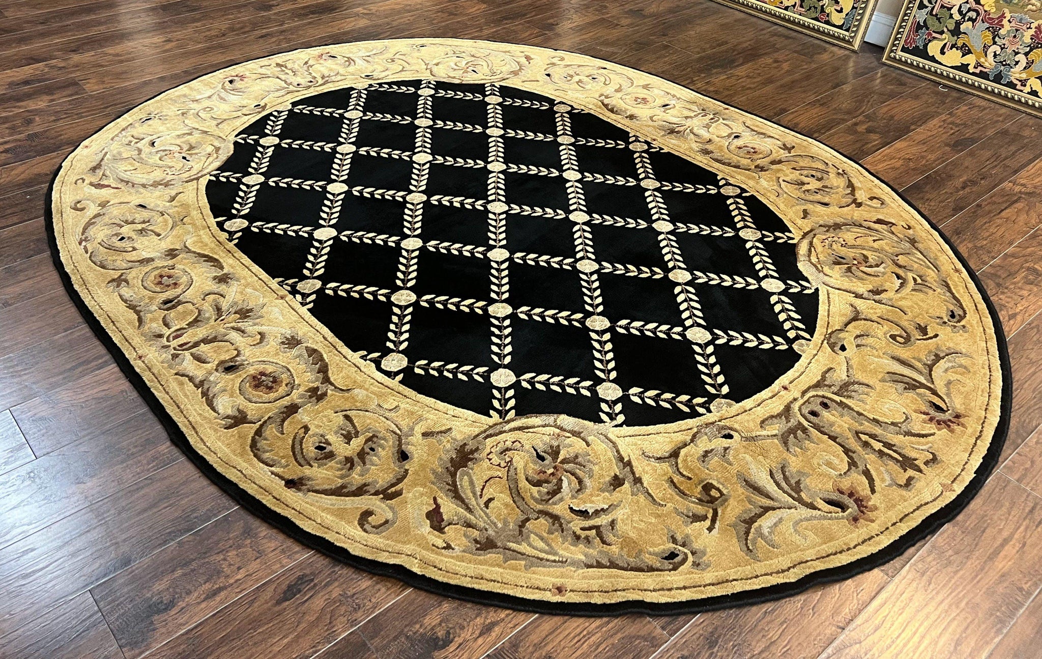 Oval Tibetan Rug 8x10, French Aubusson Design, Wool Handmade Vintage Carpet, Black & Beige, Soft Wool Pile by Jewel Rugs