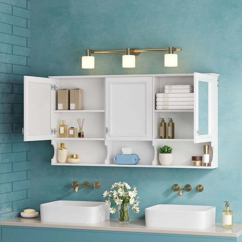 Wall-Mounted Mirror Medicine Cabinet With Adjustable Shelf And Open Shelves, Bathroom Storage Cabinet Over Toilet - White by Unique Piece Furniture