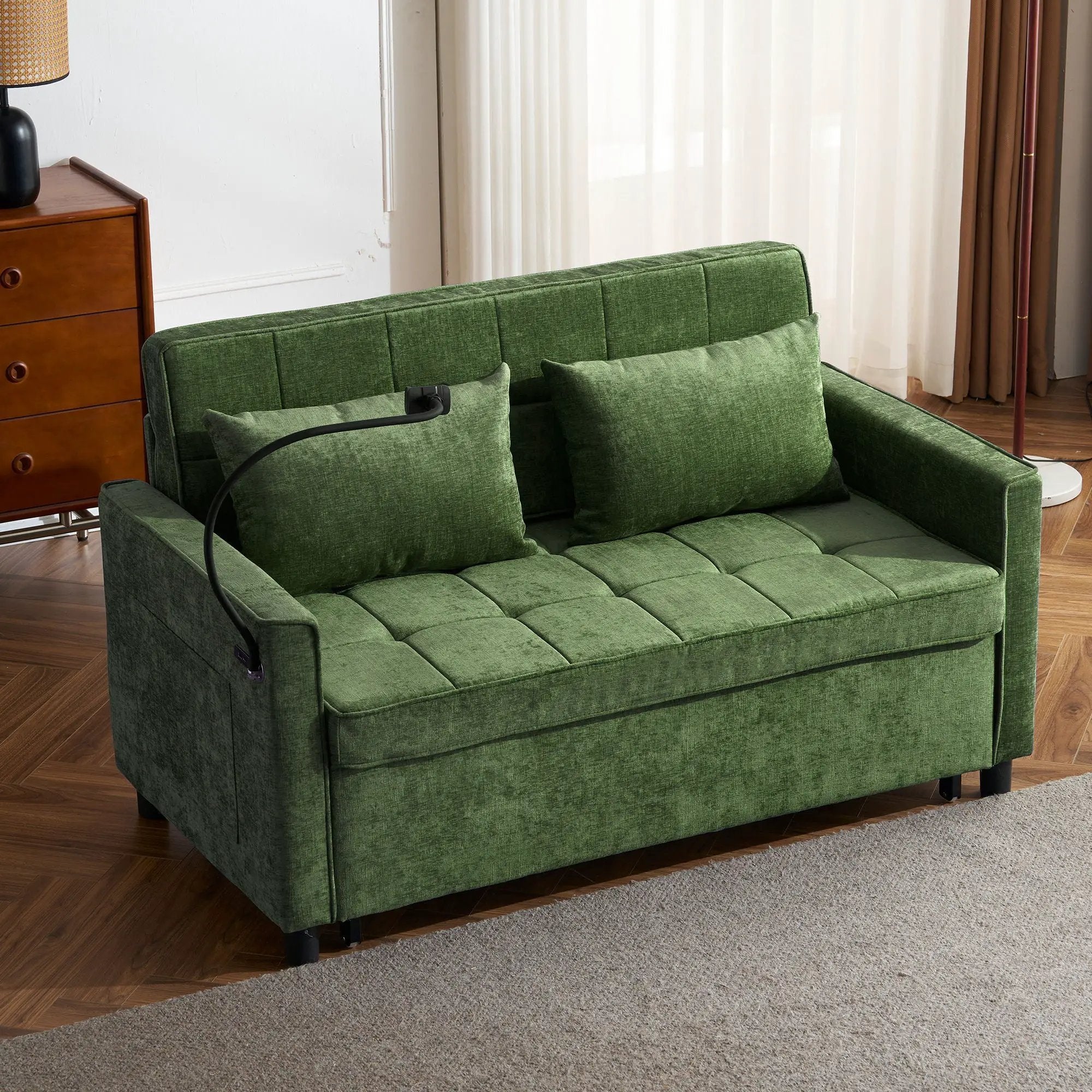 Loveseat Sofa Bed Sleeper With Reversible Backrest, Side Pockets, USB Ports, Phone Holder