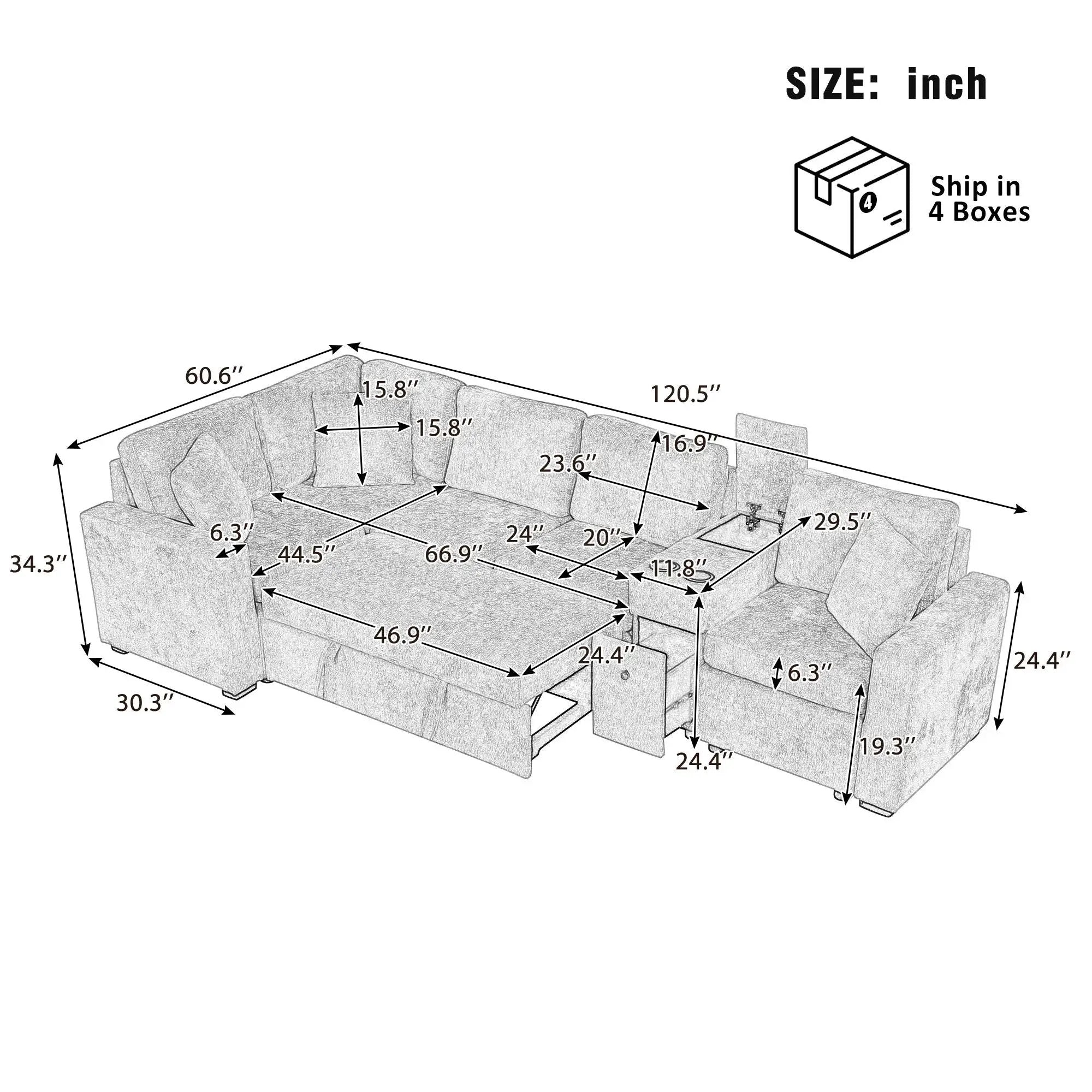 Modular L-Shaped Sectional Sofa Bed With Pull-Out Sleeper, Cup Holders, And Storage by HouseOfZazla