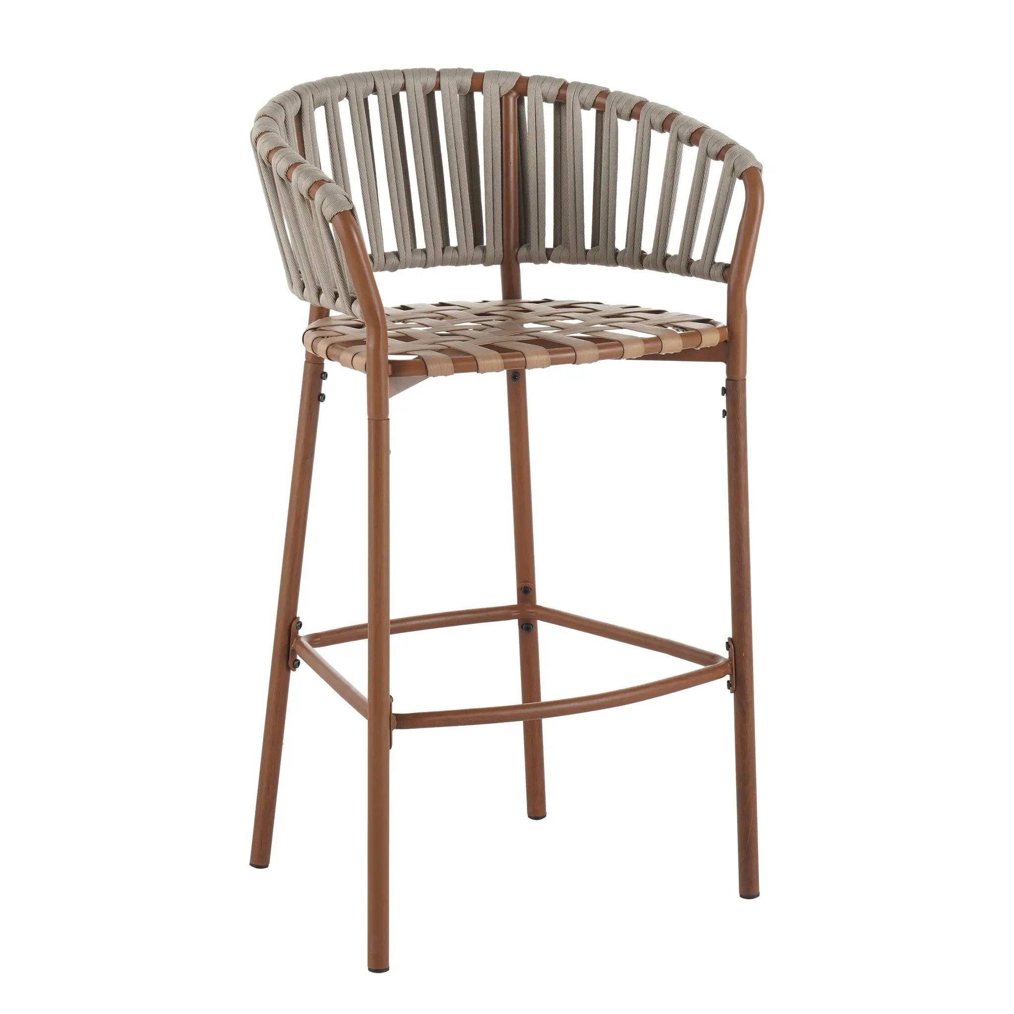 Lodi Outdoor Metal Rope Barstool, Teak Finished Frame and Beige Cushion, Set of 4 by HouseOfZazla