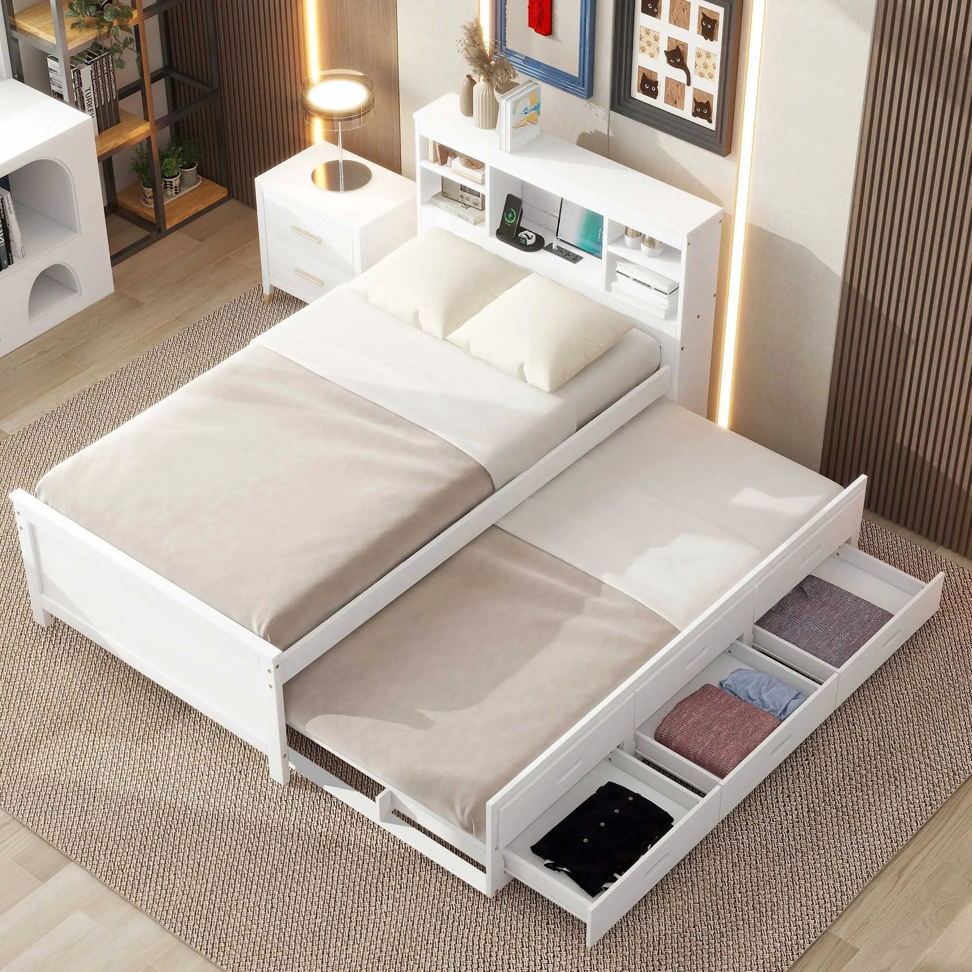 Platform Bed With Storage Headboard, USB, Trundle And 3 Drawers by Unique Piece Furniture