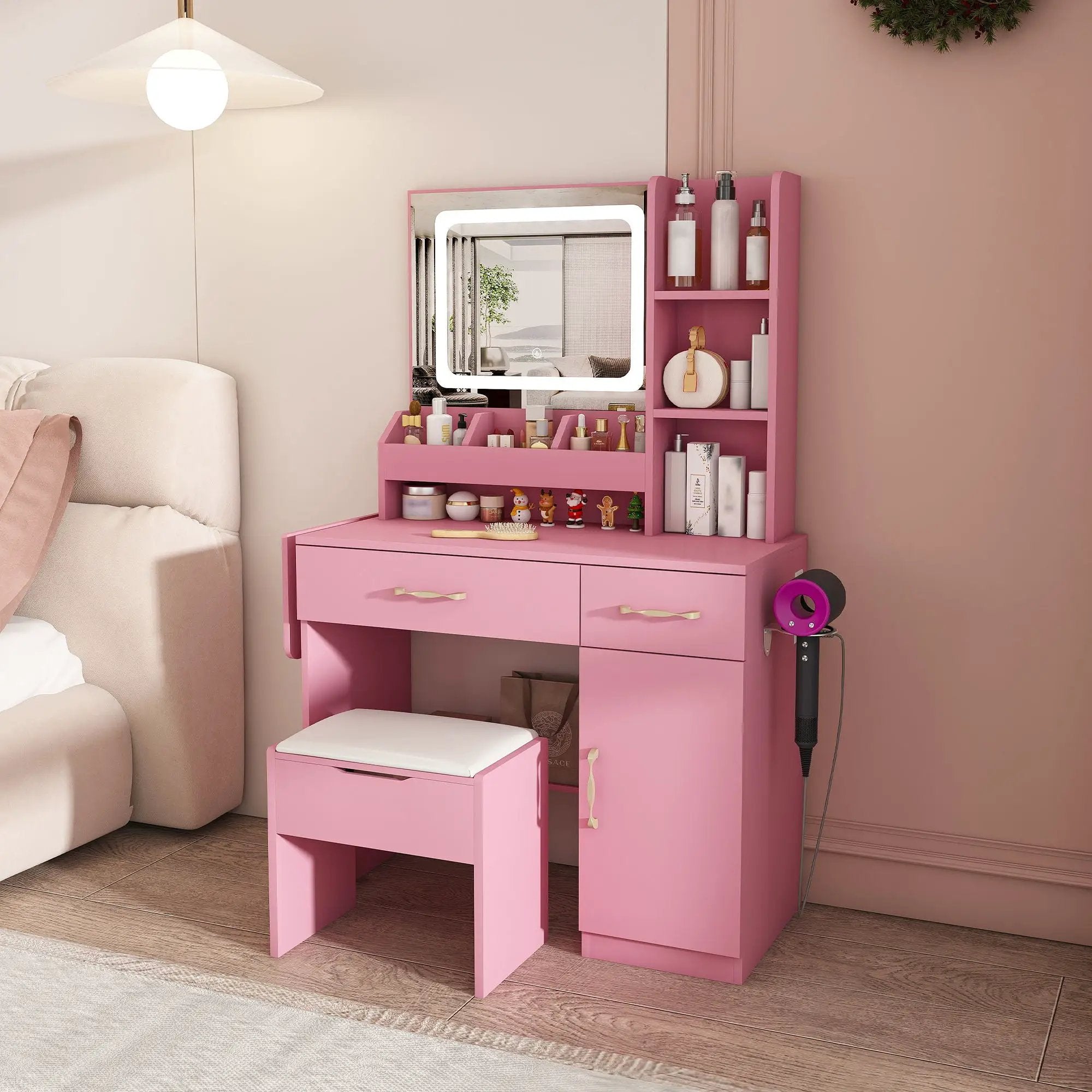 Vanity Desk With LED Mirror Lights And Power Outlet Charging Station, 3 Drawers, 7 Shelves, Storage Stool - Pink by HouseOfZazla