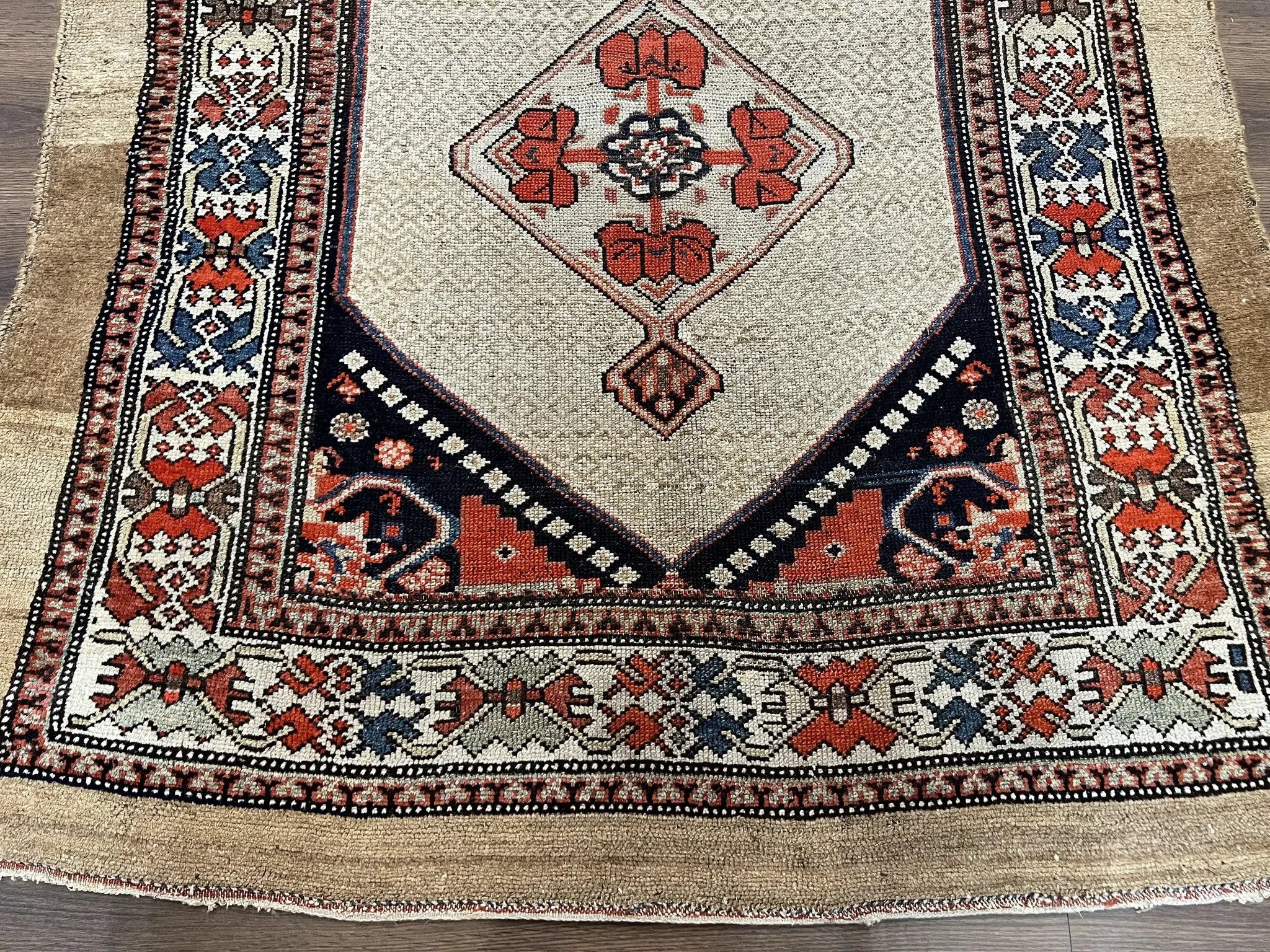 Rare Persian Sarab Tribal Runner Rug 4 x 10, Antique, Geometric Medallions, Camel Hair Runner by Jewel Rugs