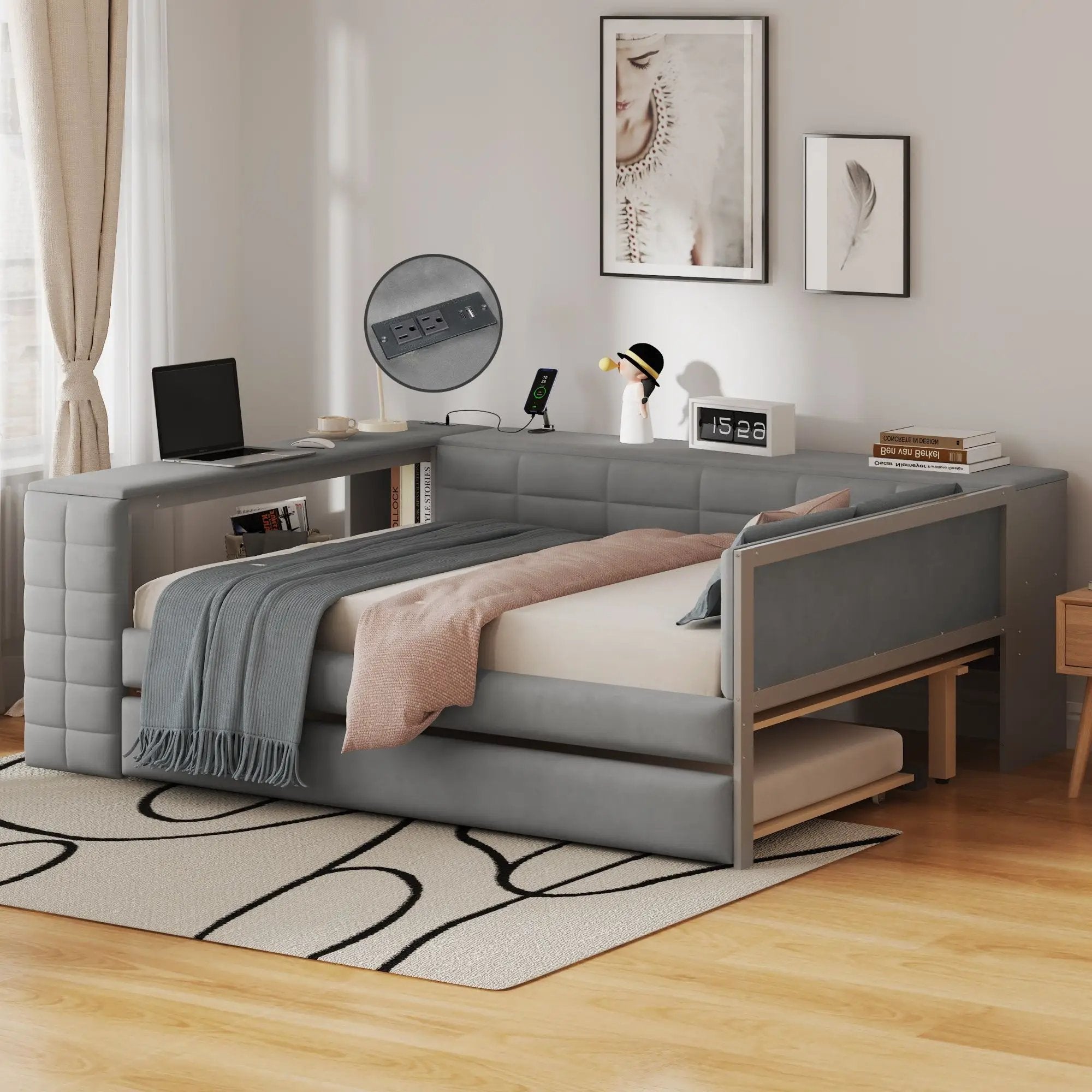 Upholstered Platform Bed With Storage Shelves, Desk, Charging Station And Trundle by Unique Piece Furniture