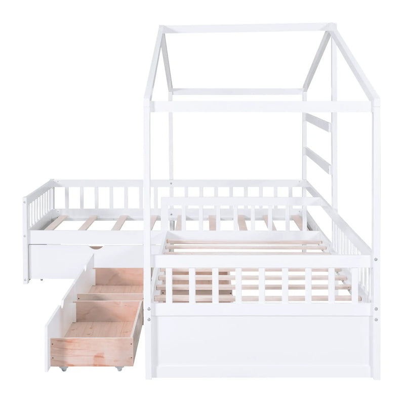 L Shape Platform Bed With 3 Storage Drawers