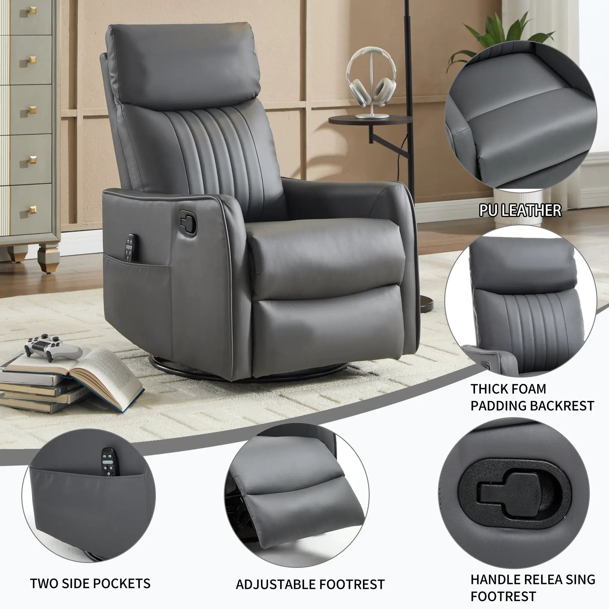 Grey Faux Leather Heat Massage Manual Recliner Chair with Rocker and Swivel by HouseOfZazla