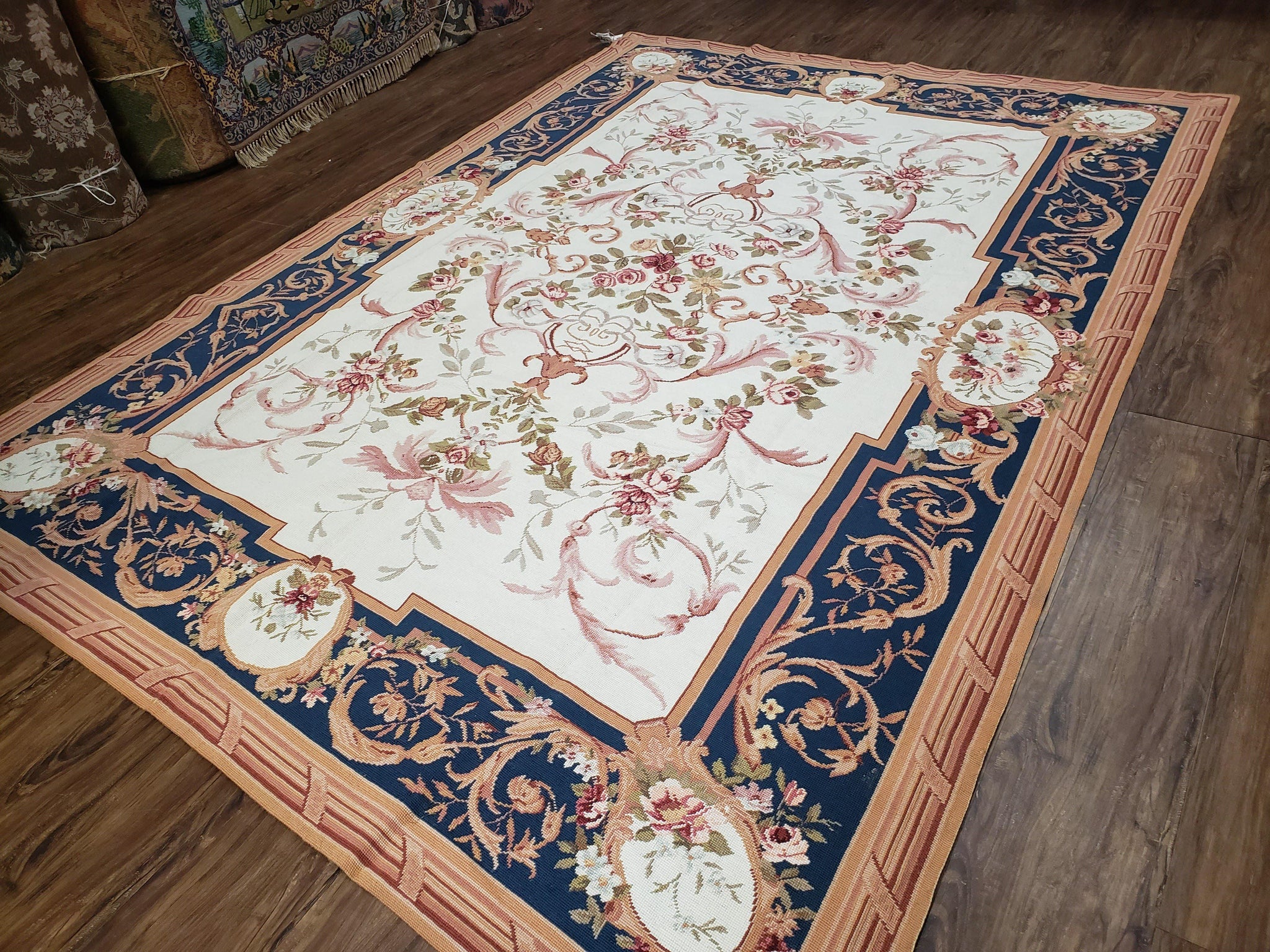 Chinese Aubusson Savonnerie Area Rug 6x8, Vintage Hand-Woven Needlepoint Rug, Flat Weave Handmade Wool Carpet Living Room Ivory & Navy Blue by Jewel Rugs