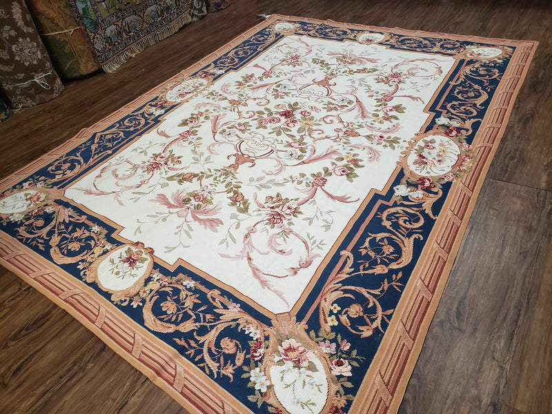 Chinese Aubusson Savonnerie Area Rug 6x8, Vintage Hand-Woven Needlepoint Rug, Flat Weave Handmade Wool Carpet Living Room Ivory & Navy Blue by Jewel Rugs