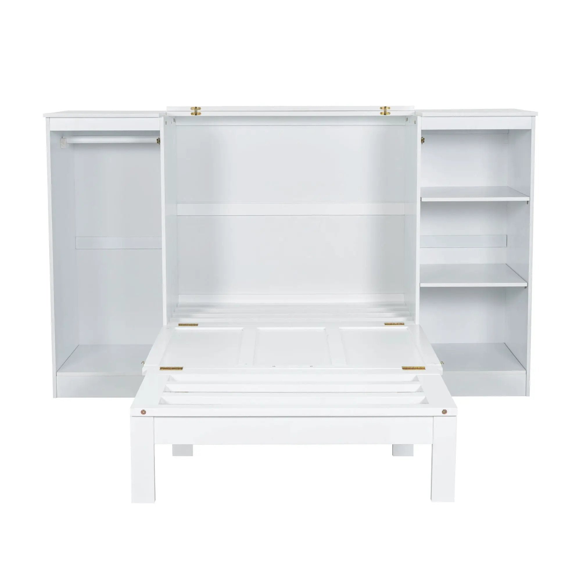 Twin Size Murphy Bed With Bedside Shelves And Wardrobe - White