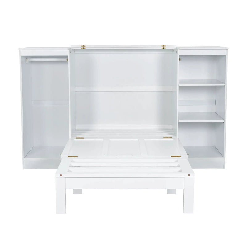 Twin Size Murphy Bed With Bedside Shelves And Wardrobe - White