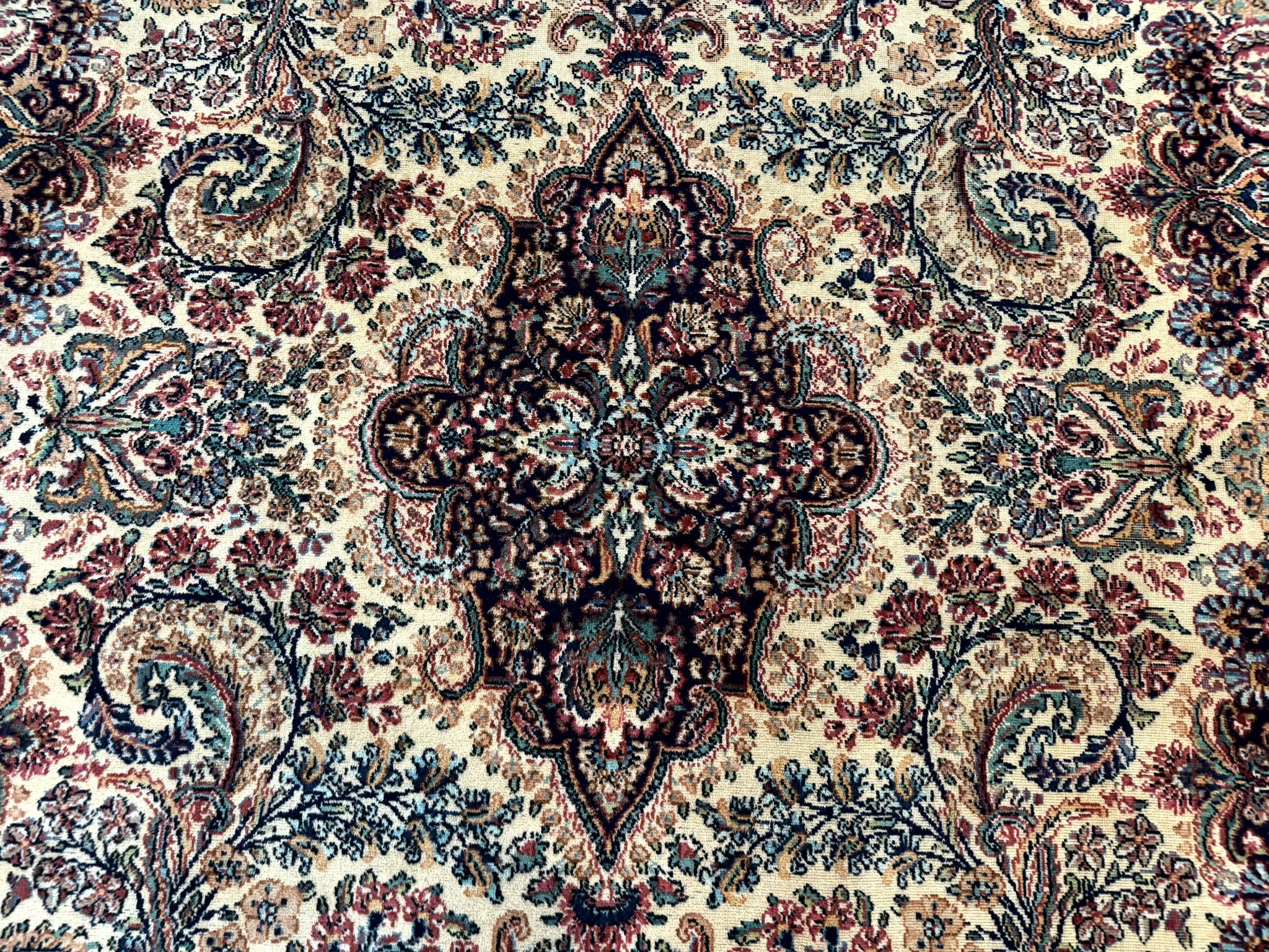Antique Karastan Kirman Rug 8.8 x 12, Imperial Karastan #1427, Ivory Kirman by Jewel Rugs