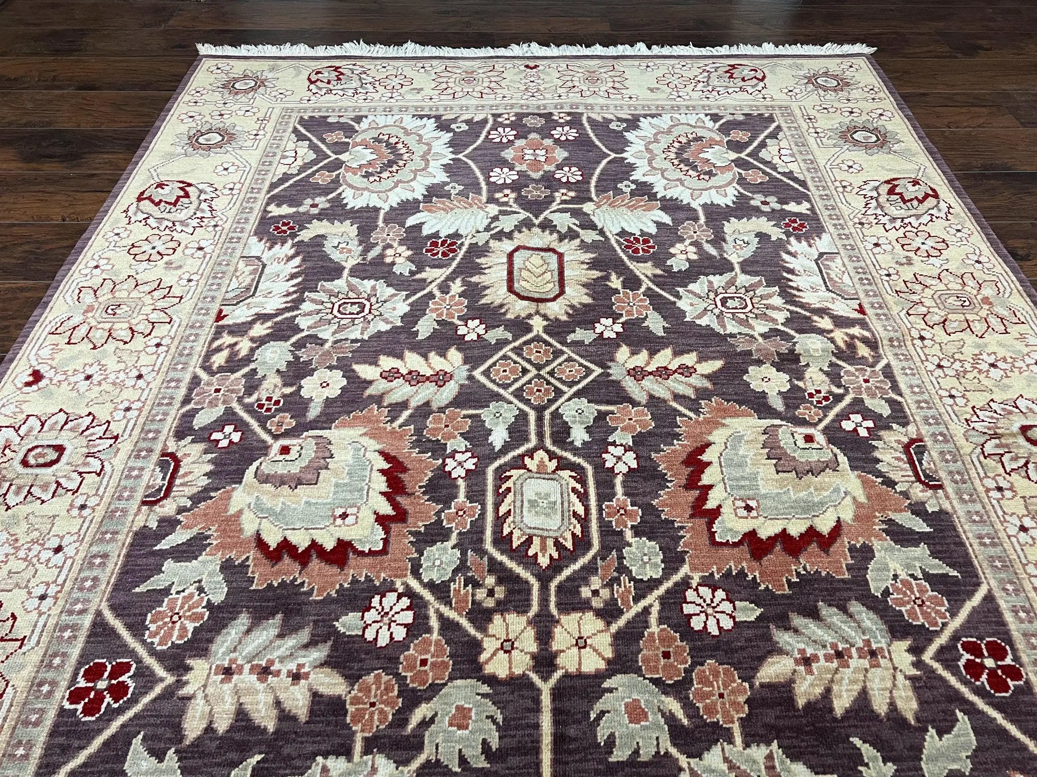 Vintage Indo Mahal Area Rug 6x9, Indian Persian Oriental Carpet 6 x 9, Puce Eggplant Tan Beige Rug, Hand-Knotted, Large Floral Design Wool by Jewel Rugs