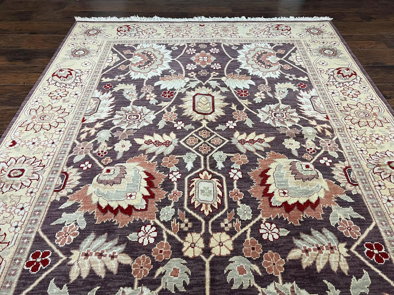 Vintage Indo Mahal Area Rug 6x9, Indian Persian Oriental Carpet 6 x 9, Puce Eggplant Tan Beige Rug, Hand-Knotted, Large Floral Design Wool by Jewel Rugs