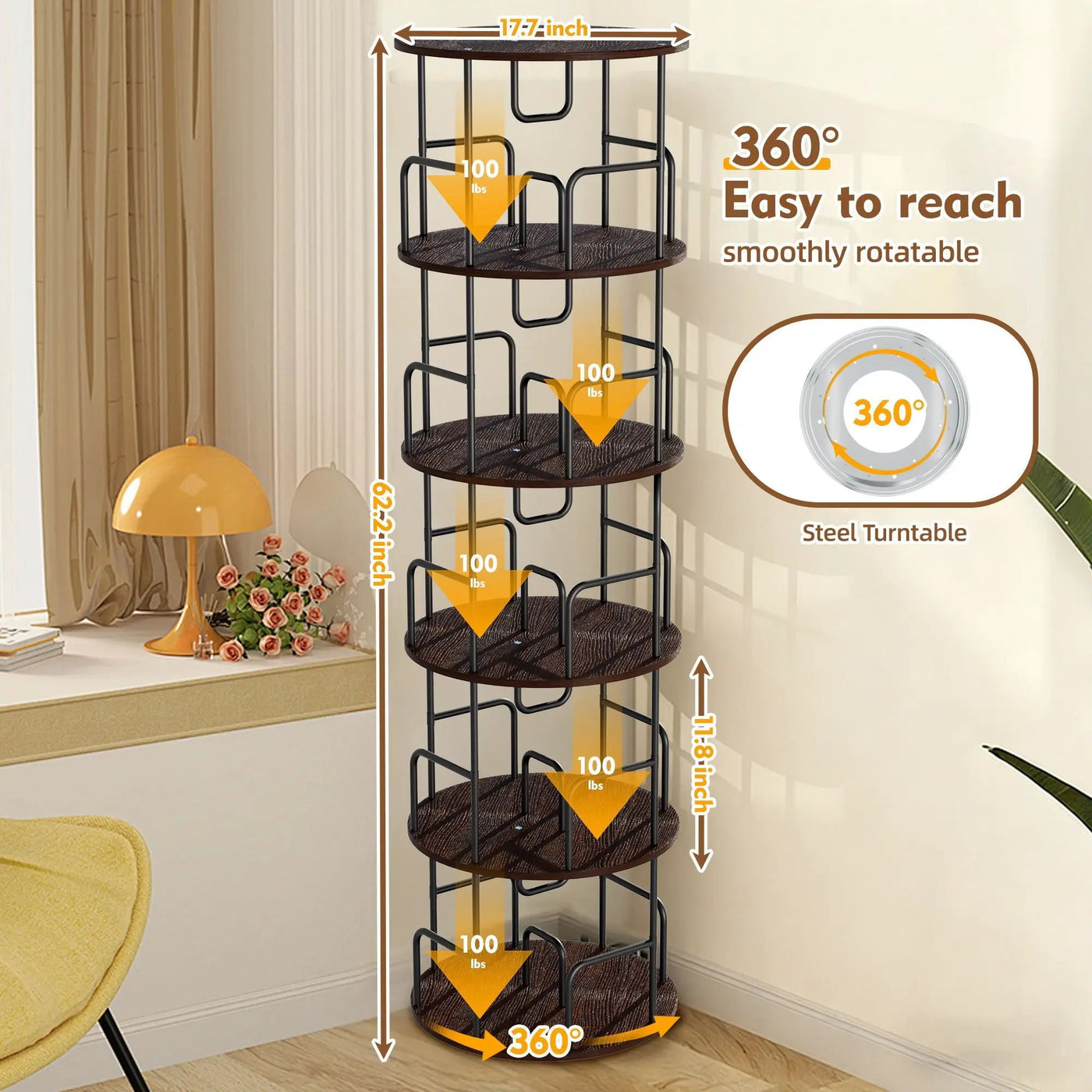 Rotating Bookshelf Tower 5 Tier Spinning 360 Degree Revolving Storage Shelf by Unique Piece Furniture