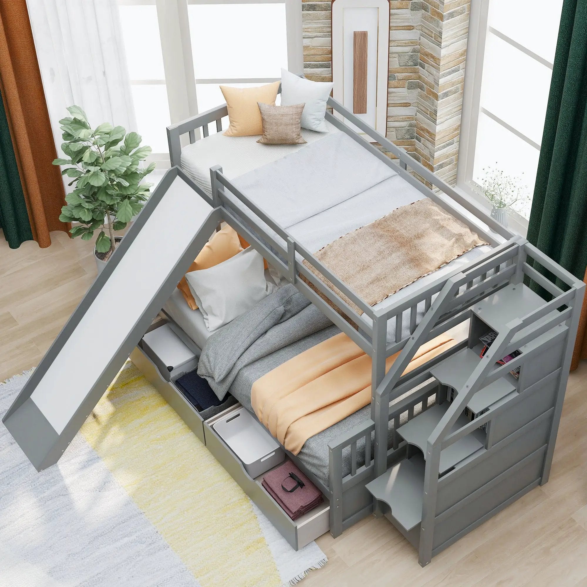 Bunk Bed With Storage Staircase, Slide, Desk, Drawers, And Shelves by Unique Piece Furniture