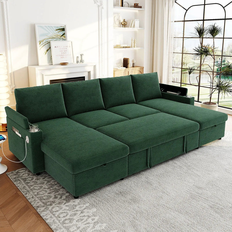 U Shaped Sectional Sofa Bed With Storage Chaise Lounges, USB Ports, And Cup Holders by Unique Piece Furniture