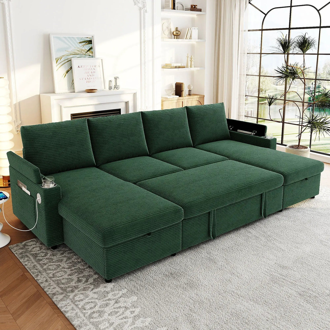 U Shaped Sectional Sofa Bed With Storage Chaise Lounges, USB Ports, And Cup Holders by HouseOfZazla