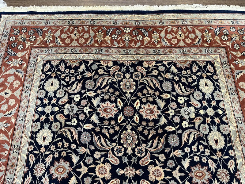 Indo Sarouk Rug 6x9, Vintage Indian Persian Rug, Wool Oriental Carpet, Navy Blue Red Allover Floral Rug, Traditional Very Fine Rug, Area Rug by Jewel Rugs