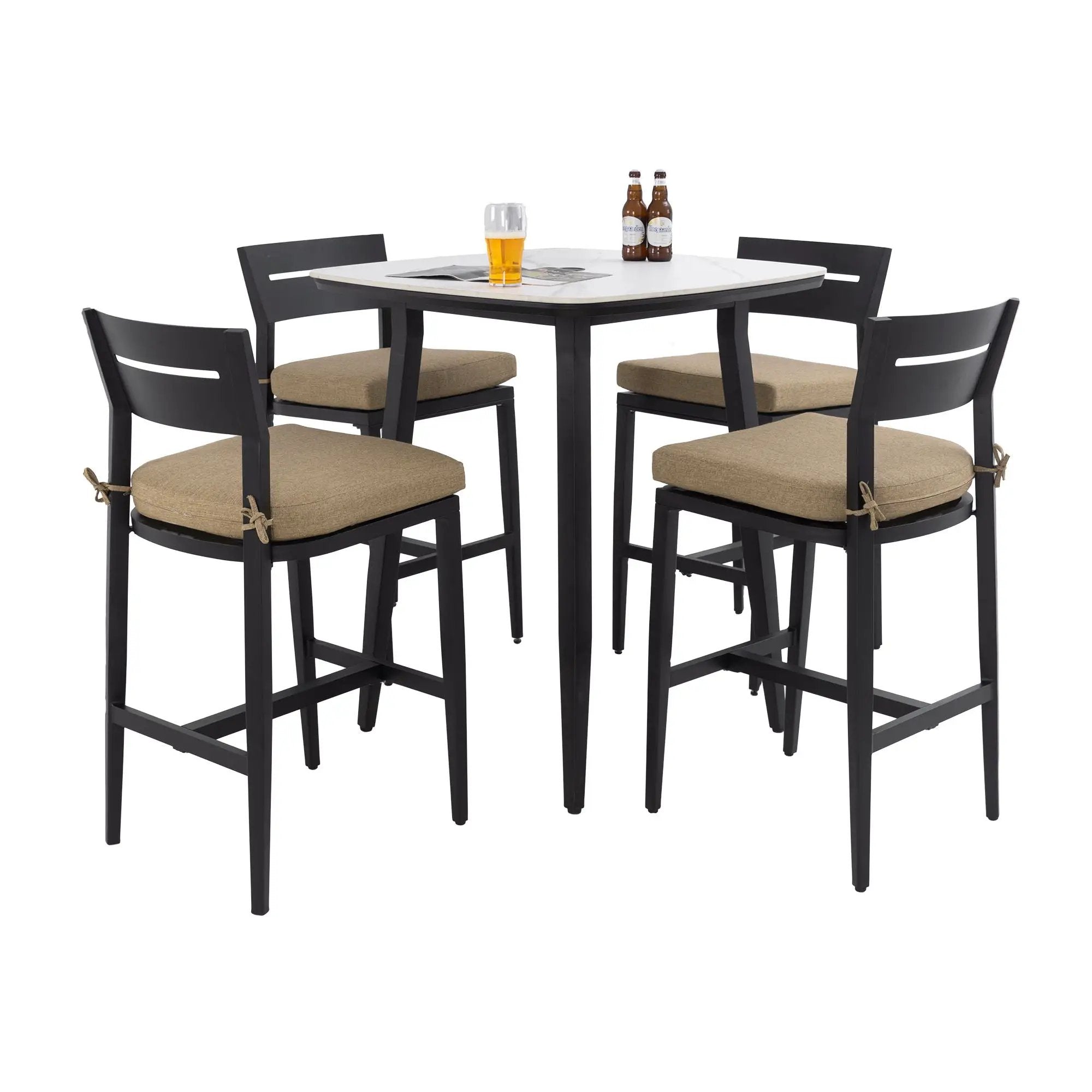 5 Pieces Outdoor Patio Bar Set, Rounded Square Table & 4 Aluminum Bar Stools by HouseOfZazla