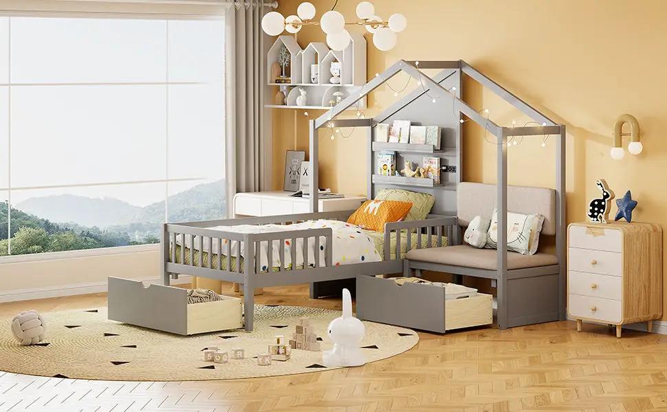 House Bed With Upholstered Sofa, Wireless Charging Station, Shelves And 2 Drawers