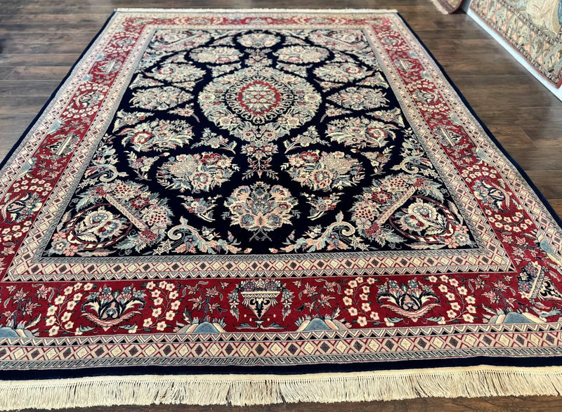 Sino Persian Rug 8x10, Floral Kirman Carpet, Navy Blue and Red, Floral Vases, Handmade Vintage Wool Carpet, 320 KPSI by Jewel Rugs