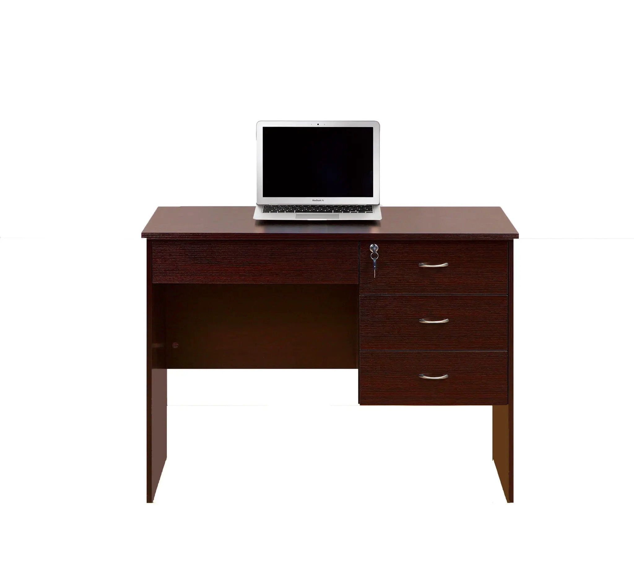 Three Locking Drawers On Metal Glides Student Desk Work Desk Modesty Panel Metal Bar Handles - Mahogany by Unique Piece Furniture