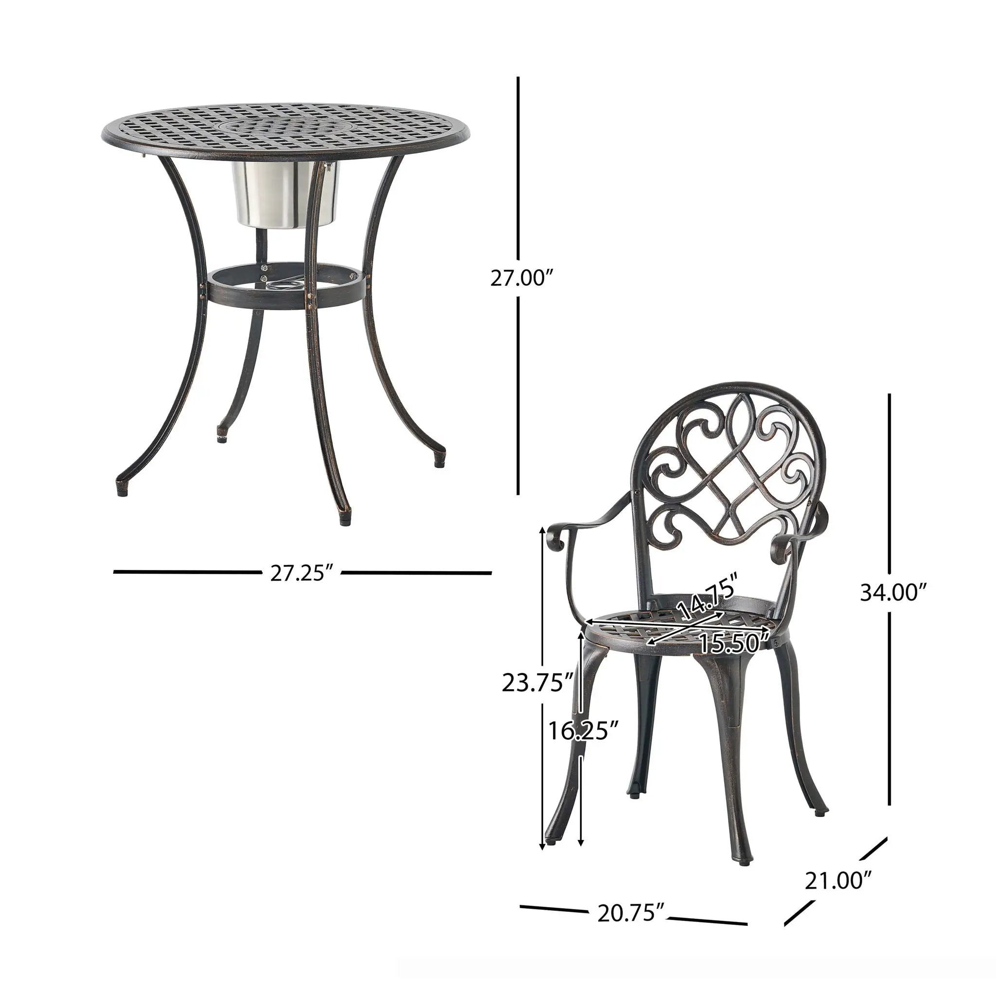 3 Piece Outdoor Aluminium Cast Bistro Set With Ice Bucket - Copper by HouseOfZazla