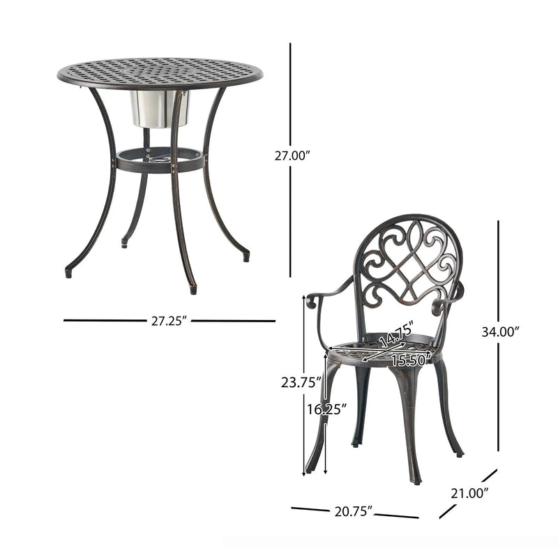 3 Piece Outdoor Aluminium Cast Bistro Set With Ice Bucket - Copper by HouseOfZazla